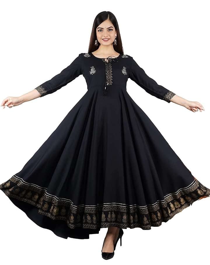 Image of Women's Rayon Golden Flroal Printed Anarkali Kurti
