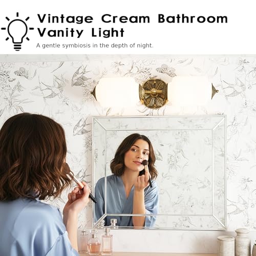 Image of Milk Glass Bathroom Vanity Light - 2-Light Wall Sconce with Brass Finish Base & Green Glass Shade - Wall Sconce Lighting for Mirror, Kitchen, Living Room (White Glass with Gold Metal Accents)