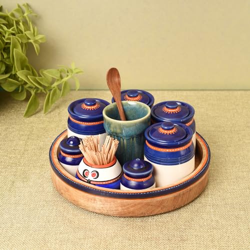 Image of Aakriti Art Creations Pickle Pallet Set of 4 with Teak Wood Tray | Ceramic Achar ki Barni & Mukhwas Box | Handcrafted Abstract Art Storage Jar for Spice & Pickle | Traditional Achaar Barni for Kitchen