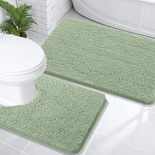 Image of OLANLY Bathroom Rugs Sets 2 Piece, Soft Absorbent Chenille Bath Mats and U-Shaped Contour Toilet Mat Area Rug Set, Machine Washable Bath Carpet, Home Decor Accessories(36 inchx24 inch+24 inchx20 inch, Sage Green)