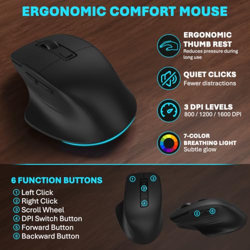 Wireless Ergonomic Keyboard and Mouse Combo, 7-Color Backlit Wave Keys - image 5