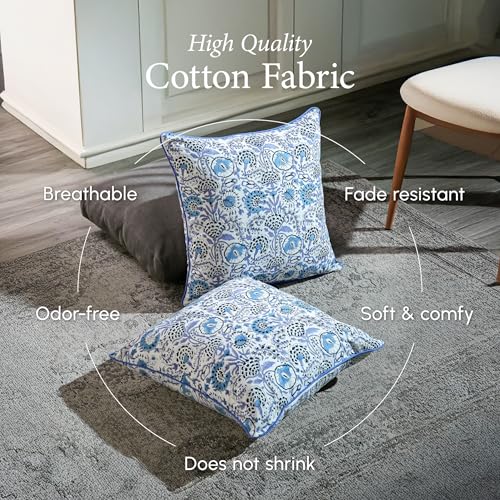 CPC 100% Cotton Throw Pillow Covers 16X16 Blue Block Print Pattern Couch Pillow, Cute Boho Decorative Pillows for Living Room, Bedroom with Hidden Zipper- Indigo Blue