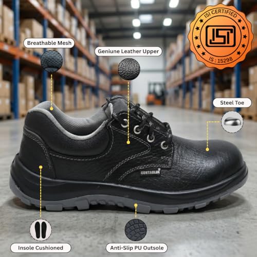 Image of Contablue Men's Leather Industrial Safety Shoes, Lightweight Steel Toe Work Shoes with Double Density PU Sole, Insock Cushioned, Breathable, Anti-Skid & Water Resistant for Industrial, Construction & Industrial Use