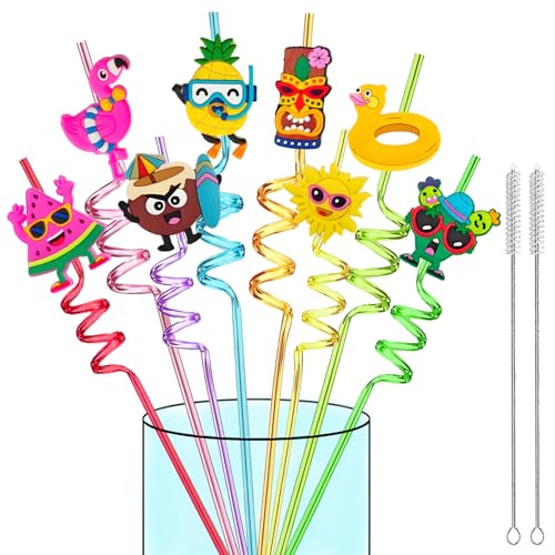 Hawaiian Luau Party Favor Drinking Straws 24Pcs -Summer Beach Pool Birthday Party Supplies-Crazy Silly Straws -Reusable Plastic Drink Straw for Tropical Luau Theme Party Decorations+2 Cleaning Brushes