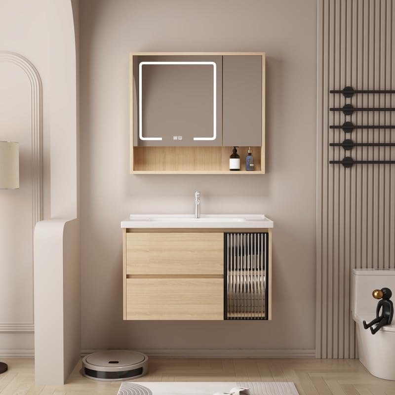 Miniatura 6 de Tocador de baño de 32 pulgadas montado en la pared, tocador de baño con fregadero de cerámica, tocador de baño moderno con 2 cajones de cierre
