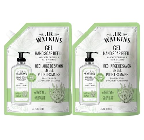 J.R. Watkins Gel Hand Soap Refill Moisturizing Hand Wash Formulated with Plant-Based Cleansers Alcohol-Free Cruelty-Free Aloe & Green Tea 34 Fl Oz 2 Pack