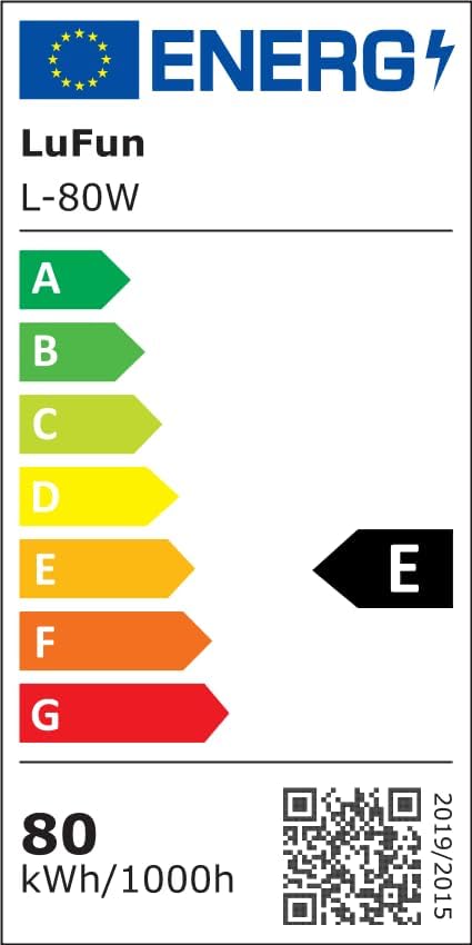 EU Energy Label for LuFun L-80W LED light, showing energy efficiency class E and 80 kWh/1000h consumption.