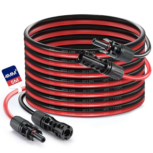 Solar Panel Extension Cable 5m 4mm Solar Extension Cable IP68 Waterproof 12AWG Solar Cable with Female and Male Connectors Solar Panels Photovoltaic Systems (Red + Black)(4mm/5m)