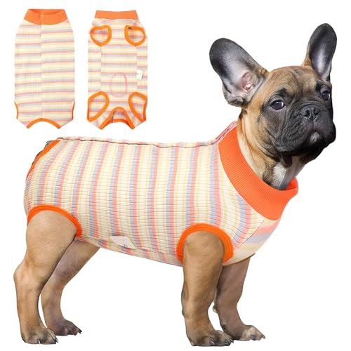 Image of SAWMONG Recovery Suit for Dogs Female Male, Cotton Breathable Dog Onesie After Surgery Spay Neuter, Professional Dog Surgical Suit, Substitute Pet E-Collar Cone (Orange Stripes, M)
