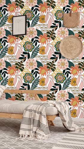 HAOKHOME Boho Peel and Stick Wallpaper Tropical Floral Removable Contact Paper Stick on Wallpaper for Accent Wall Living Room 17.3in x 118in