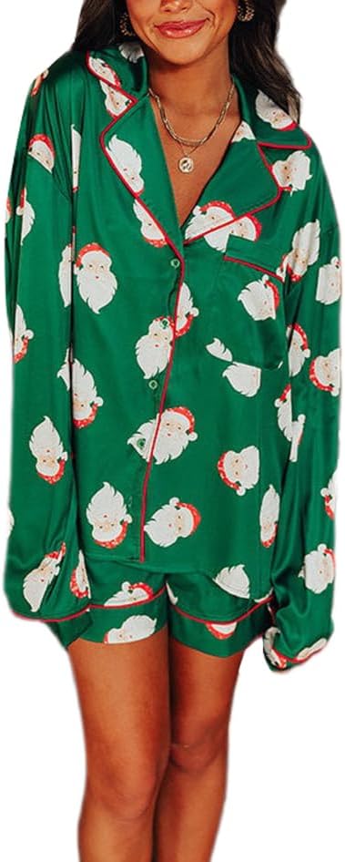 Women Christmas Pajamas Shorts Set Santa Claus Pjs Long Sleeve Button Down Shirt+Pants 2 Piece Xmas Jammies Loungewear