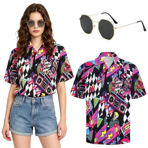 YYDSXK 80er Jahre Hawaii Outfit Damen Kurzärmeligem Hawaiihemd und Sonnenbrille 90er Jahre Outfit Damen Hawaii Hemd der 80er für Lässige Sommer Urlaub Karneval (L Neon)