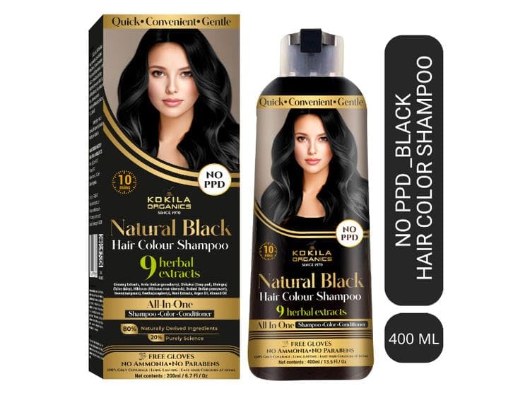 Kokila Organics Natural Black Hair Colour Shampoo, 9 Herbal Extracts, No PPD, No Ammonia, No Parabens, 400ml, All in One image 3