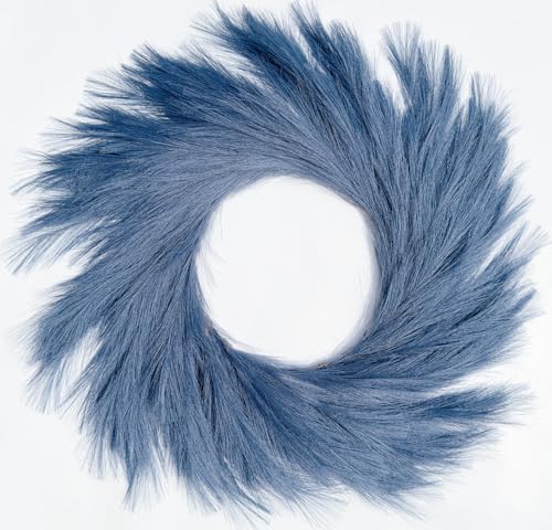 27'' Artificial Pampas Grass Wreath, UV Resistant Faux Pampas Wreath for Front Door, Porch, and Wall, Fluffy Boho Farmhouse Decor for All Seasons (Navy Blue)