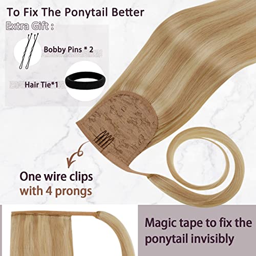 RUNATURE Pony tail Extension Human Hair 12 Inch Blonde Highlights Ponytail Extension Human Hair Straight Real Hair Ponytail Extension Short 70g #16P24 - Image 4