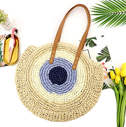 Bolso de paja redondo para verano, bolso tote grande de tejido grueso para playa, viaje y uso diario para mujeres (beige) miniatura 2