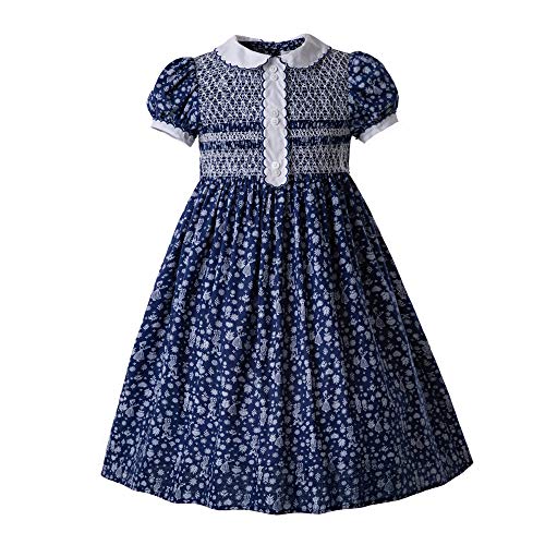 Pettigirl Girls Smocked Dress Vitange Blue Daisy Floral Pattern