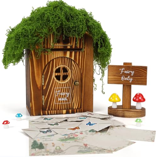 JULEASEL Woodland Fairy Mailbox w/Fake Moss Roof Magical Wooden Post Box Set w/ 30 Fairies Letters Envelopes Fairyland Map & Mushrooms Enchanting Fairy Garden Decor & Pretend Play Gift