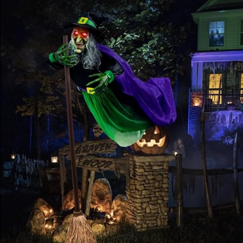 6 FT Flying Witch Halloween Decorations Outdoor with Scary Sounds and Lights Animated Hovering Witch Prop for Garden Yard Lawn Indoor Outdoor Halloween Decorations (A)