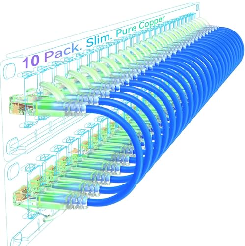 Image of Cat6 Ethernet Patch Cable 10ft Slim, Pure Copper, 10Gbps, 550MHz, Durable Patch Panel Network Cable, Blue - 10 Pack