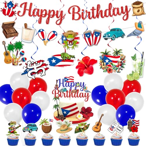 Puerto Rico Birthday Decorations: Puerto Rico Party Decorations with Glitter Happy Birthday Banner Garland Hanging Swirls Cake Topper Cupcake Toppers for Birthday Party Decor