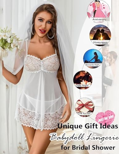 Image of SSoShHub Lace Babydoll Lingerie Sexy Mini Chemise Mesh Wedding Nightie Bridal Nightdress with Bikini