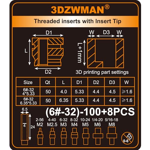 #6-32 Threaded Inserts with M2-M8 Heat Set Insert Tools,Brass UNC knurled Nuts for 3D Printing Components and Plastic Parts (50Pcs #6-32 * 4 * 5.33 and 50Pcs #6-32 * 6.35 * 5.33) - Image 2