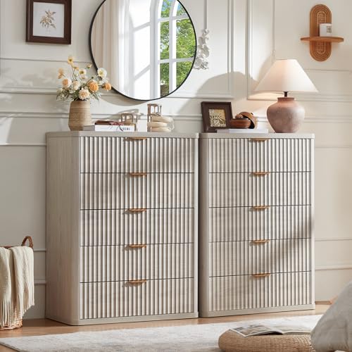 Image of LEYAOYAO Fluted 5 Drawers Dresser for Bedroom, 41 inch Tall Modern Chest of Drawers with Metal Handle, Curved Profile Farmhouse Closet Organizer Wood Dressers TV Stand for Living Room, Hallway, Lightgrey