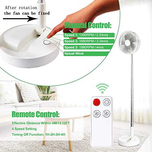 Clwhj Portable Fan Rechargeable, Stand & Table Fan Folding Telescopic & Adjustable Height With 4 Speeds Quiet For Office Home Outdoor Camping With Remote(White) #TOP1