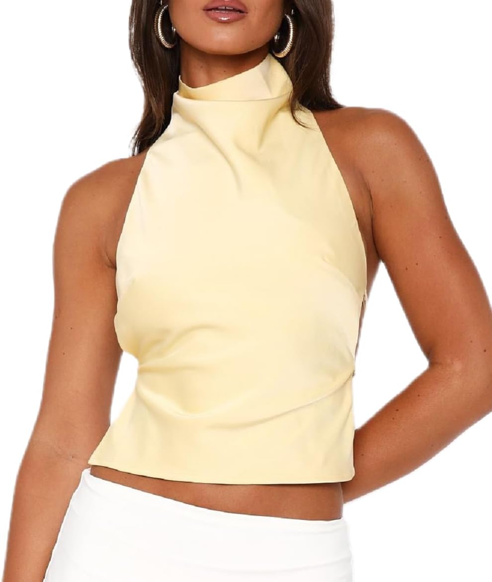 Women Halter Backless Tank Tops Cute High Mock Neck Cami Sexy Open Back Camisole Summer Going Out Tops (Light Yellow, M)