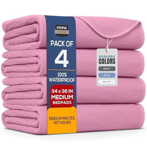 Utopia Bedding Washable Underpads 34 x 36 (Pack of 4) Waterproof Reusable Heavy Absorbency Incontinence Bed Pads for Adults Kids Elderly and Pets Bedwetting Pads for Sofa and Couch (Pink)