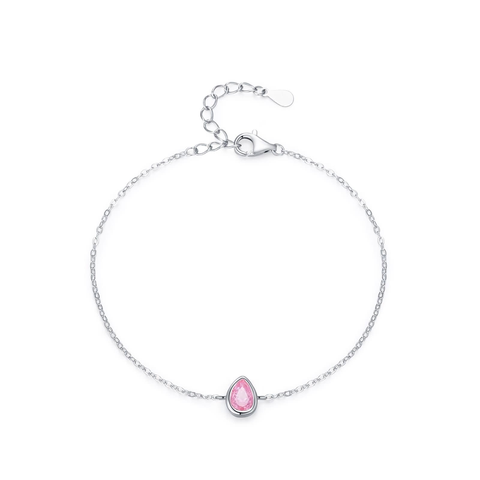 Pulseras Mujer de Oro Blanco 9K / 14K / 18K, Gota de Agua con Diamante Creado, Cadena Extensible 16 CM + 5 CM, Pulsera Mujer Ajustable Plata Rosa