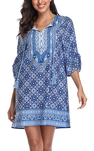 Image of Women Bohemian Neck Tie Vintage Printed Ethnic Style Summer Shift Dress