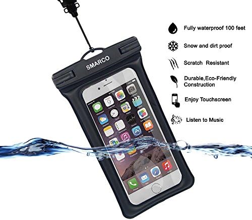 Floating Waterproof Dry Bag, Smarco TPU Case, With Adjustable Strap,Headphone Jack, Armband, Carabiner, for Apple iPhone 6, 6s, Plus, 5se, Samsung Galaxy S7,S6 Edge - IPX8 Certified to 100Feet, Black