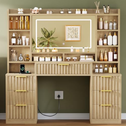 Image of FIONESO Fluted Large Vanity Desk with Mirror and Lights, Power Outlet, Makeup Vanity with 7 Drawers & 6 Open Storage Shelves, 3 Lighting Modes Brightness Adjustable, Natural
