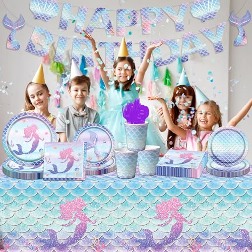 Cmusko Mermaid Party Decorations, Mermaid Birthday Party Supplies Tableware Include Mermaid Plates And Napkins,Mermaid Tablecloth For Mermaid Under The Sea Birthday Party Decorations thumb #1
