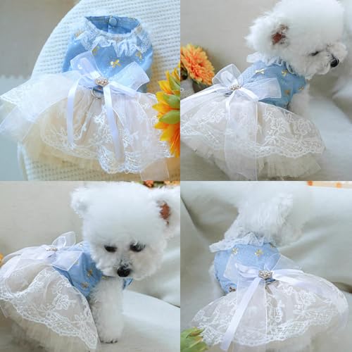 Image of HDKUW Small Dog Dress, Girl Puppy Lace Princess Skirt Tutu Dress with Bowknot,Chihuahua Yorkie Clothes Outfit for Birthday Wedding Party Light Blue Daisy S