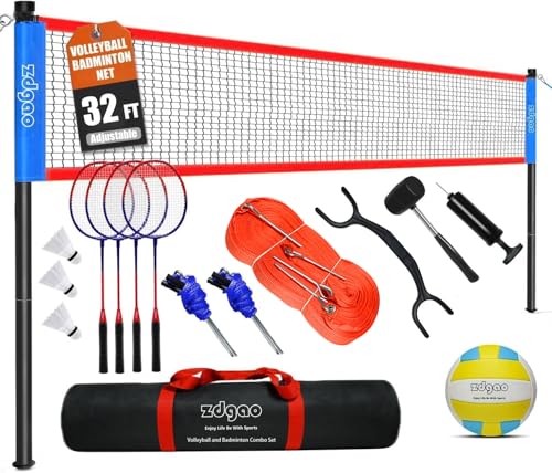 Badminton & Volleyball Combo Set- 32FT Adjustable Professional Volleyball Net for Lawn, Backyard, Easy Set up Volley ball Set with Volley ball,Badminton Racquets,Carry Bag,Boundary Line for Family Fun