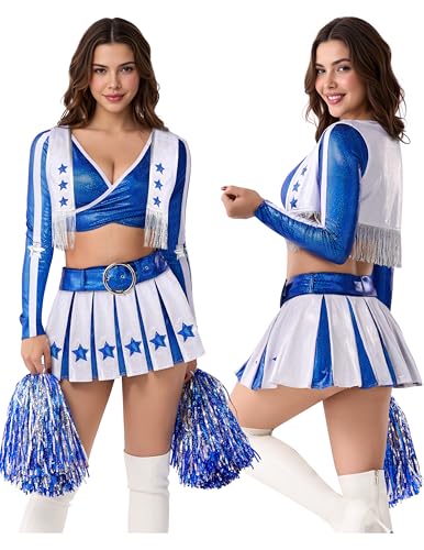 Spooktacular Creations 4 Pcs Cheerleader Costume for Women, High School Cowboys Cheerleader Costume...