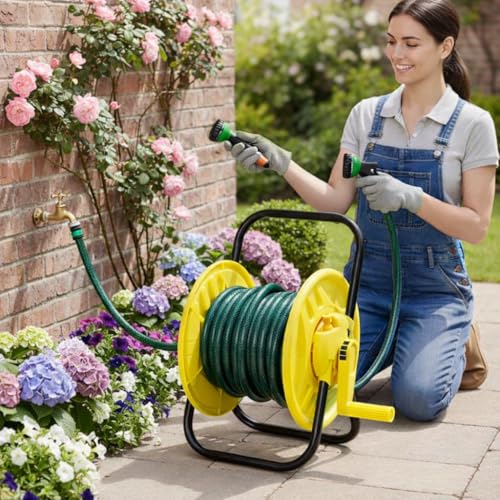 Image of Garden Hose Reel Cart with Stand | Portable Water Hose Organizer with Handle, Hand Crank Winding | Tangle-Free Storage for Lawn, Patio, Outdoor | Holds 30m 1 /2 Inch Hose