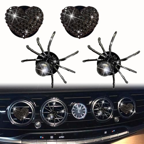 Image of 4 Pcs Black Bling Spider and Heart Car Air Fresheners Vent Clips Diffuser Vent Clip Rhinestone Diamond Decoration Car Interior Decor Cute Accessories for Women, Automotive Air Fresheners