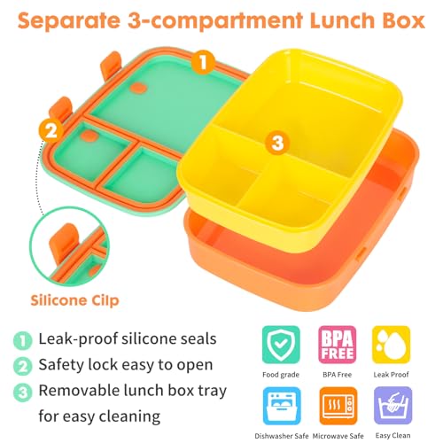 Image of Cute Cartoon Bento Lunch Box for Kids, 800ml /27oz BPA-Free Leak-Proof Food Containers with 3 Compartments, Dishwasher Safe, Back to School Students Lunches Size for Ages 3-7