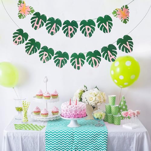 Hawaiian Happy Birthday Monstera Leaf Banner Tropical Palm Leaf Garland Green and Pink Paper Bunting...