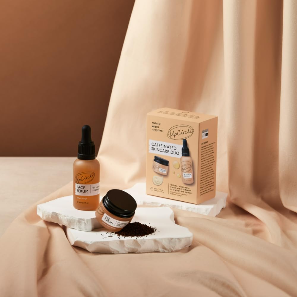 UpCircle Duo caféiné – Notre sérum visage et crème pour les yeux – Vitamine C, acide hyaluronique + huile de café – Unifie le teint de la peau, réduit les poches et les cernes – Végétalien + sans