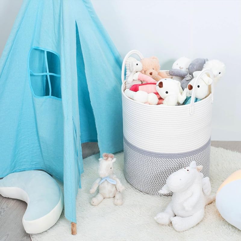 Image of Storage Rope Laundry Hamper Basket for Clothes, Towels and Blankets in Livingroom, Bedroom, Laundry Room and Basket for Nursery Storage (Size - 15 inch x 15 inch x 18 inch) (White Grey)