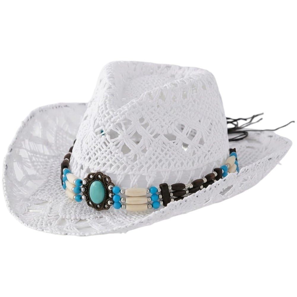 Sslvya Western Cowboy Hat for Women, Summer Hollow Out Beach Sun Hat with Ethnic Decorative Band Bohemia Cowgirl Cap