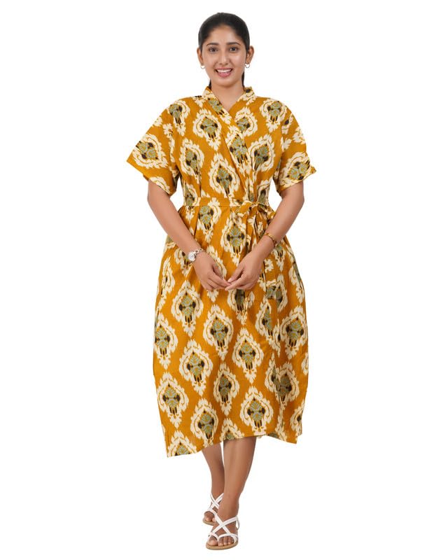Image of MENMAII Cotton Feeding Robe for Women | Soft Breathable Maternity & Nursing Wear | Front Open Easy Feeding Access | Comfortable Nightwear for New Moms|Calf Length [Size: L,XL,XXL,3XL /FS]