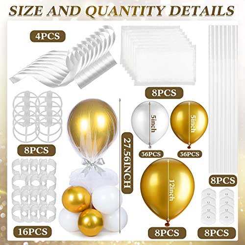 Image of BBTO 8 Set Gold and White Table Centerpieces Balloons Stand Kit, Latex Balloons and Table Stand Holder with Base Tulle for Wedding Birthday Grad Prom Centerpieces Party Back to School Baby Shower
