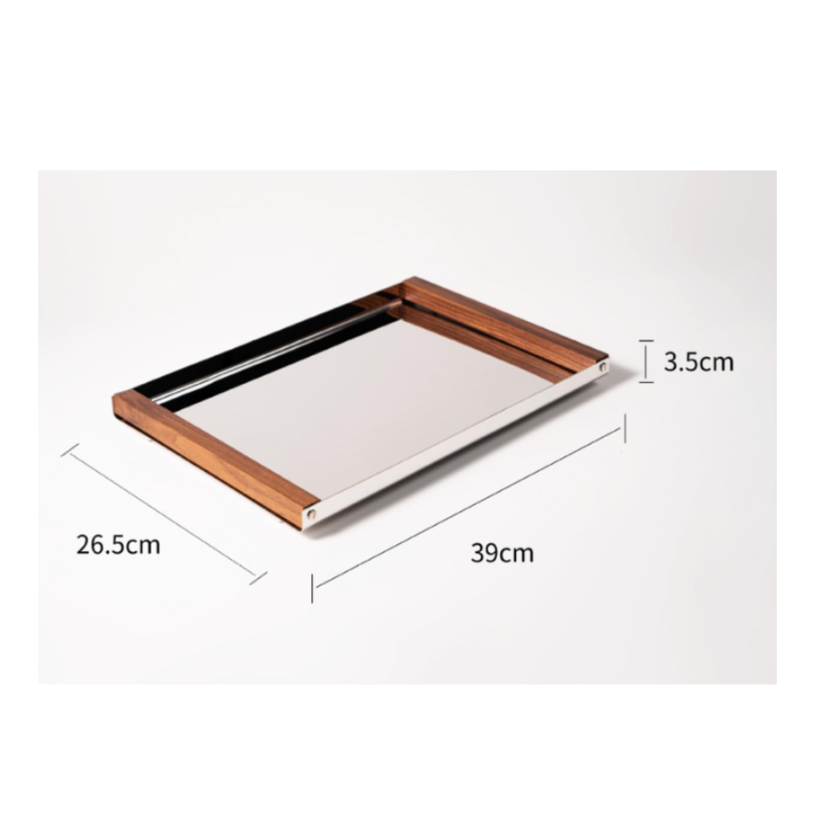 Milageto Bandeja de Acero Inoxidable Bandeja Fuente Organizador con Espejo Metálico Laterales de Madera Adecuada para Servir y Organizar Exhibición de Objetos Decoración en Hogar y Cafetería