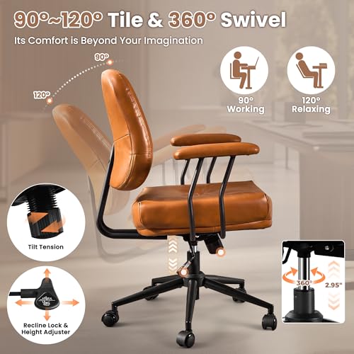 Image of ovios Ergonomic Office Chair, Mid Back Faux Leather Executive Chairs with Thick Cushion, Comfy Mid-Century Modern Swivel Rolling Computer Armchair (Brown, PU Leather)